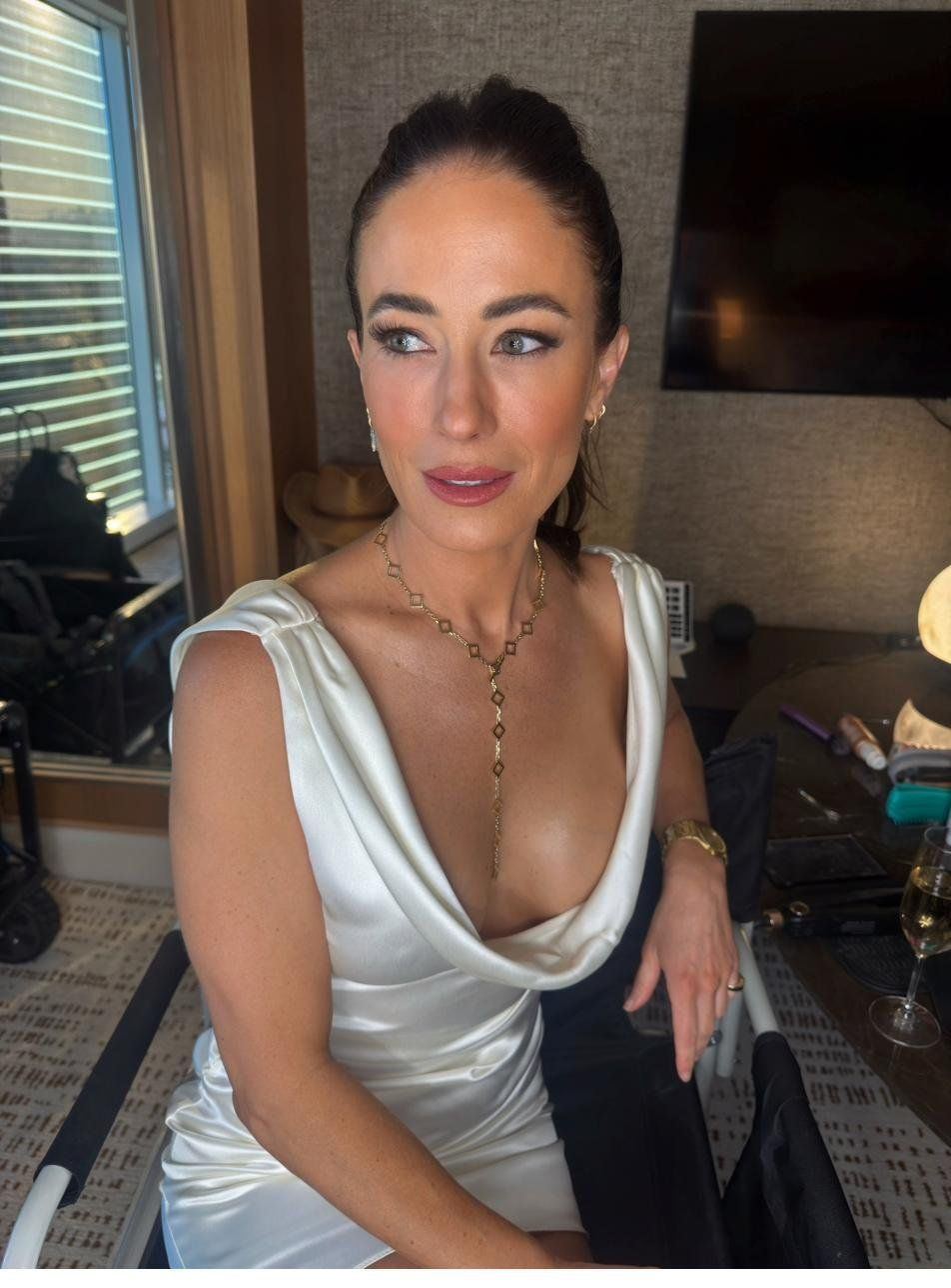 Dramatic silver gown glam look